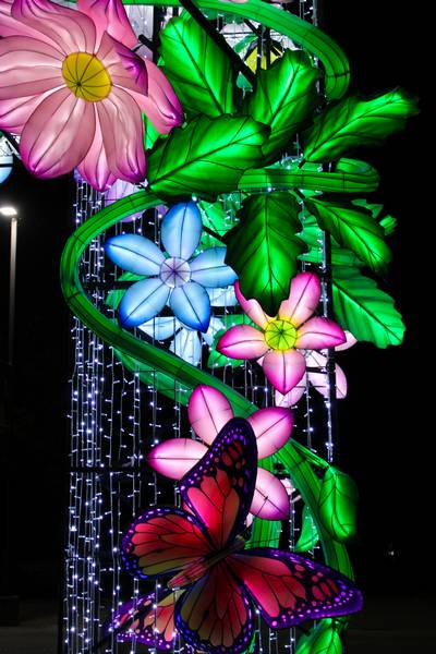 An assortment of flowers and butterflies shine on the archway at the zoo entrance.
