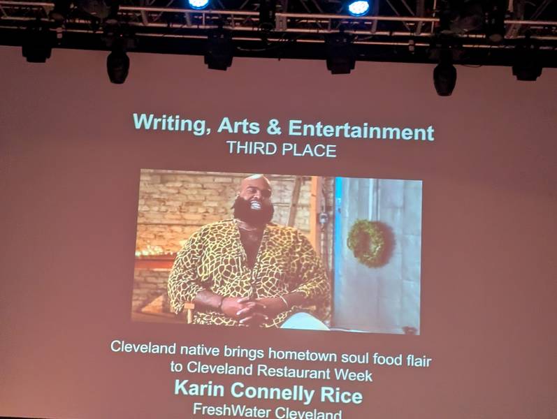 FreshWater managing editor Karin Connelly Rice won third place in arts and entertainment for her profile on the Glenville soul food Restaurant Comfort CLE and owner Jeremy McBryde.