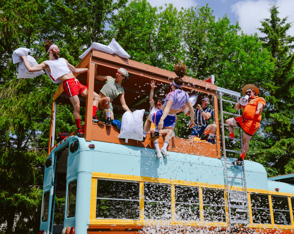 Cirque FLIP Fabrique will perform acrobatics on top of a retrofitted school bus.
