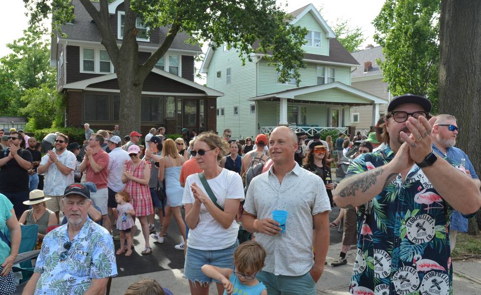 Enjoying friends and music at Larchmere PorchFest.