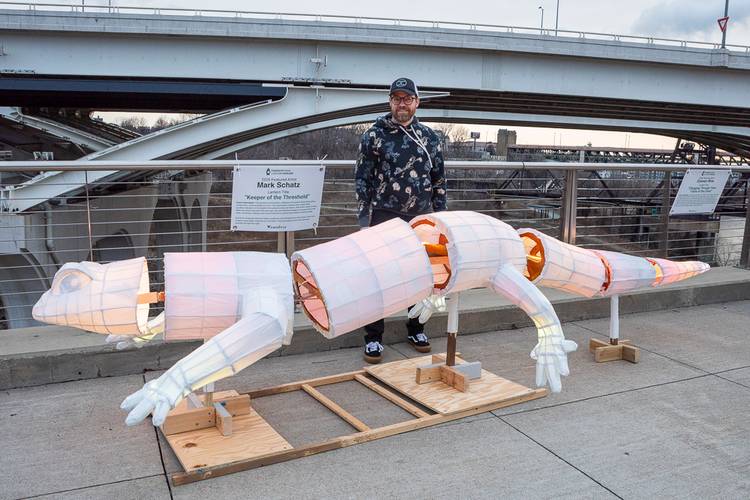 'Keeper of the Threshold' lantern by featured artist Mark Schatz at the Towpath Trail Lantern Parade 2026.