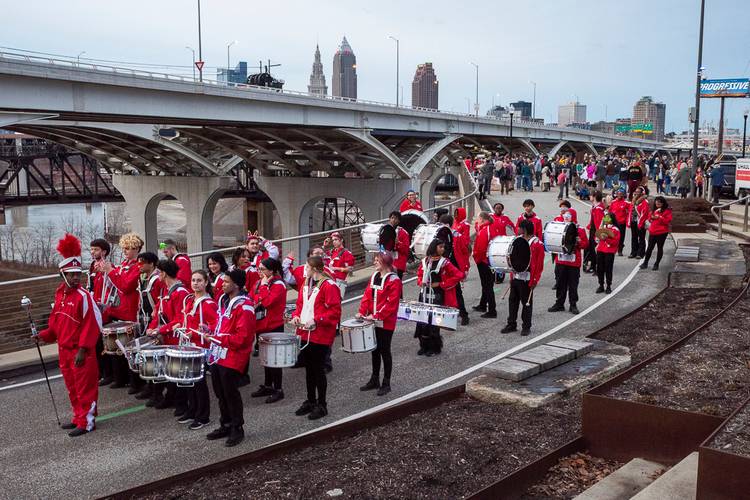 The John Marshall High School Drum Line performs during the Towpath Trail Lantern Parade 2026.