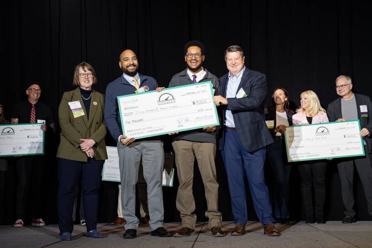Accelerate 2026 winners Justin Bernard and Prentice Howard of LanguageBridge, flanked by finalists Ken Schneck and Erin Benay of Cleveland's Concrete Quilt, and Lori Lynn and Dina Rock of Next Steps Eldercare Consulting.
