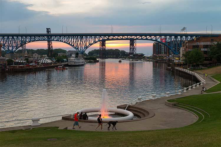 The Cuyahoga River at dusk.
