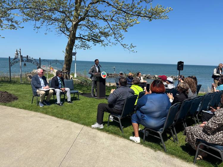 Cleveland Mayor Justin Bibb addresses the crowd at the Euclid Beach Connector groundbreaking on May 4.