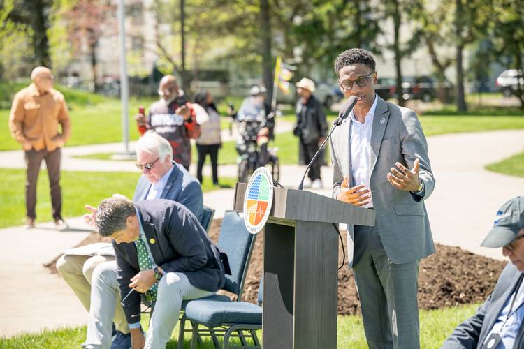 Cleveland Mayor Justin Bibb speaks at the grundbreaking.