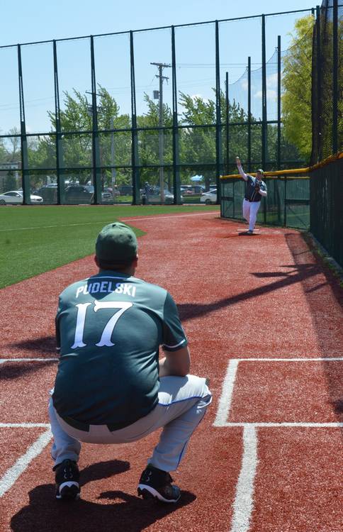Playing catcher at the Forest City Baseball Club League Park scrimmage.