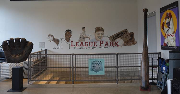 The fenced area enclosing the stairwell to the original League Park dugout