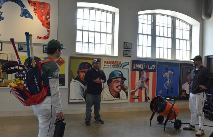 Dan Wallach shares his knowledge of League Park with Forest City Baseball Club players