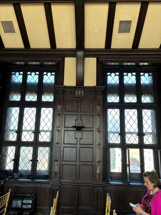 The vaulted ceilings and leaded glass windows in the Great Hall.