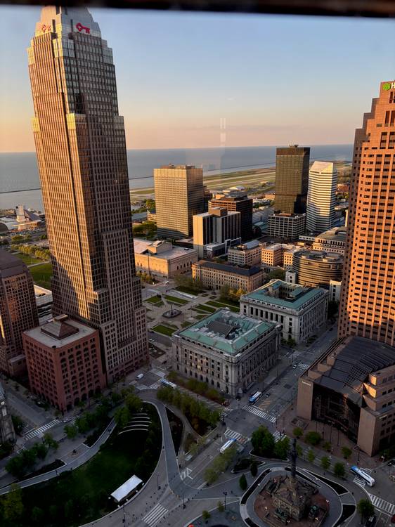The view of downtown Cleveland and the lake from the Terminal Tower observation deck on the 42nd floor.