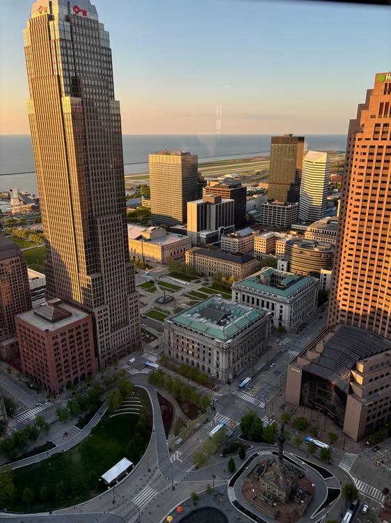 The view of downtown Cleveland and the lake from the Terminal Tower observation deck on the 42nd floor.