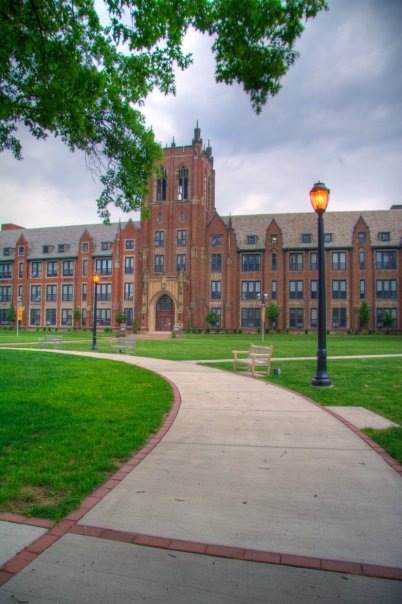 Approaching the front of Notre Dame College in South Euclid.