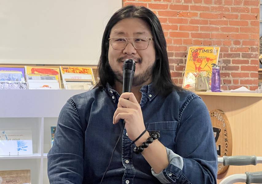 Jordan Wong, executive director of the new nonprofit Northeast Ohio Asian American Arts, spoke to artists and supporters at the Oct. 15 launch party at Zygote Press.