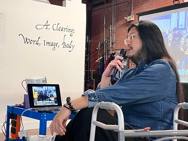 Jordan Wong, executive director of the new nonprofit Northeast Ohio Asian American Arts, spoke to artists and supporters at the NeOA3 launch party Oct. 15 at Zygote Press.