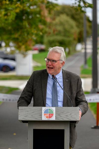 Cuyahoga County Executive Chris Ronayne speaks at the ribbon cutting.