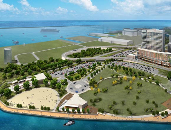 The reconstruction of the Flats East Bank will include an office tower and hotel, a 140-unit residential complex along the water, a 1200-foot riverfront boardwalk, and a variety of restaurants and retail