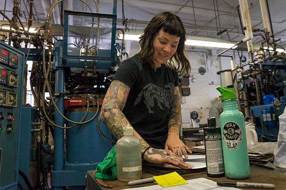 Sarah Barker working on a test pressing