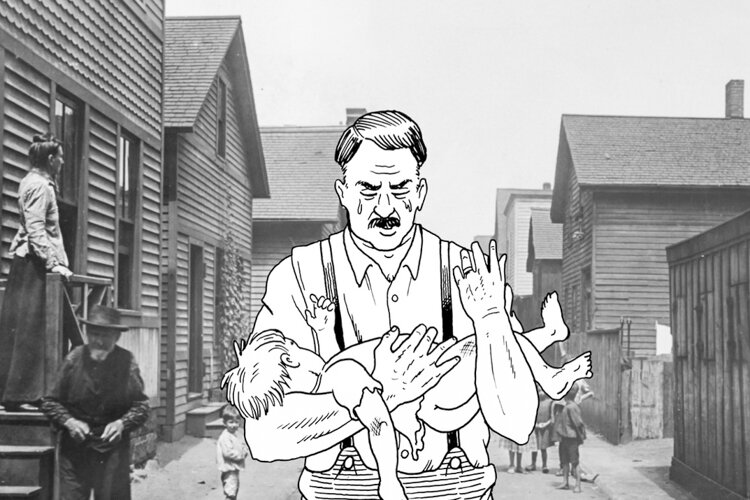 In "Streetcar City," comic artist and Harvey Pekar collaborator Gary Dumm illustrates a father carrying the corpse of his son through a Jewish enclave in 1890s Cleveland.