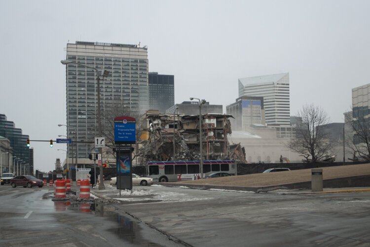The Cuyahoga County Administration building demolition in 2014 to make way for the Hilton Cleveland Downtown.