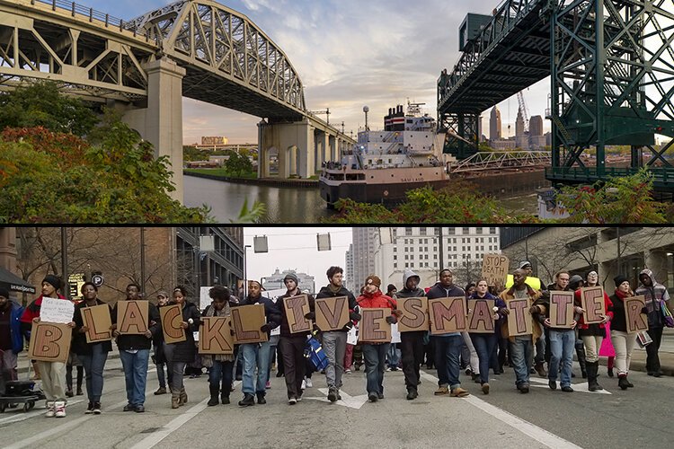 Top: October 2014 – The Sam Laud freighter on the Cuyahoga -- Bottom: December 2014 – Black Lives Matter protest