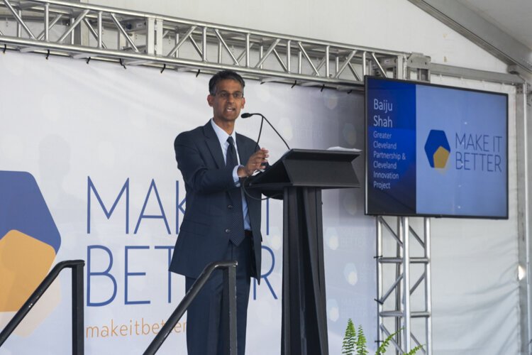 Baiju Shah of Greater Cleveland Partnership speaks at the MAGNET Launch Event