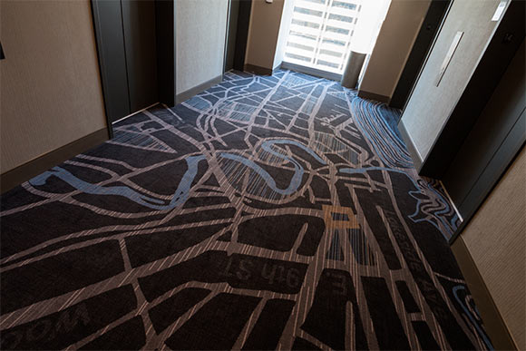 Carpeting in the elevator lobbies on each floor depict maps of downtown Cleveland streets