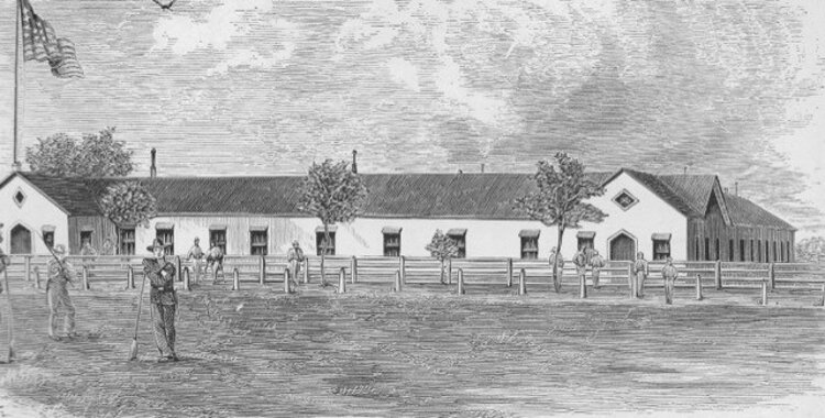 A line drawing of the "United States General Hospital Cleveland" at Camp Cleveland (drawn in the 1860s). Camp Cleveland (in Northeast Tremont) was the largest and longest operating Civil War training camp in the area.