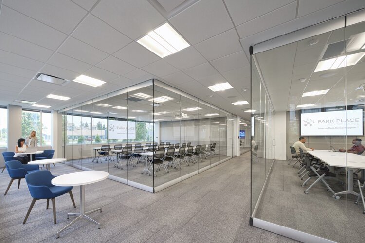 The highlight of the $3.5 million expansion project is a collapsible glass room that is used as a training center and can be broken into four smaller rooms