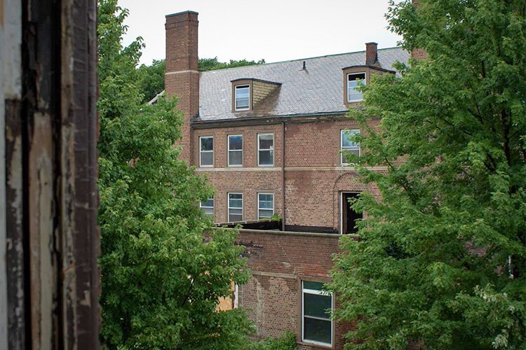 Overlooking the courtyard.