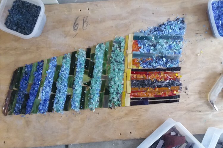 During productionthe terrazzo/mosaic process an Erik Neff's studio.