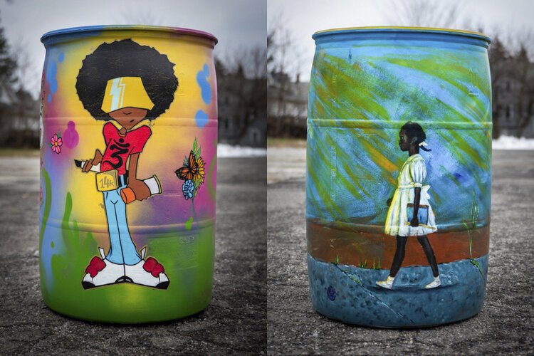 Rain barrels by artists Chris Pokes and Anitra Frazier