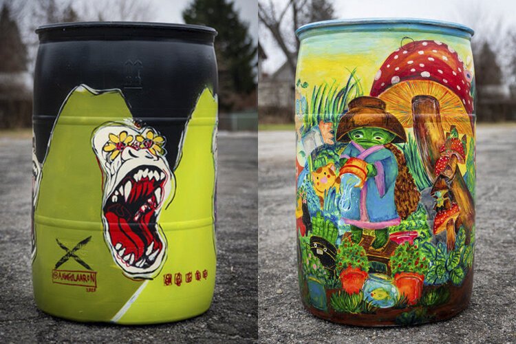 Rain barrels by artists Aaron Williams and Chi Wong