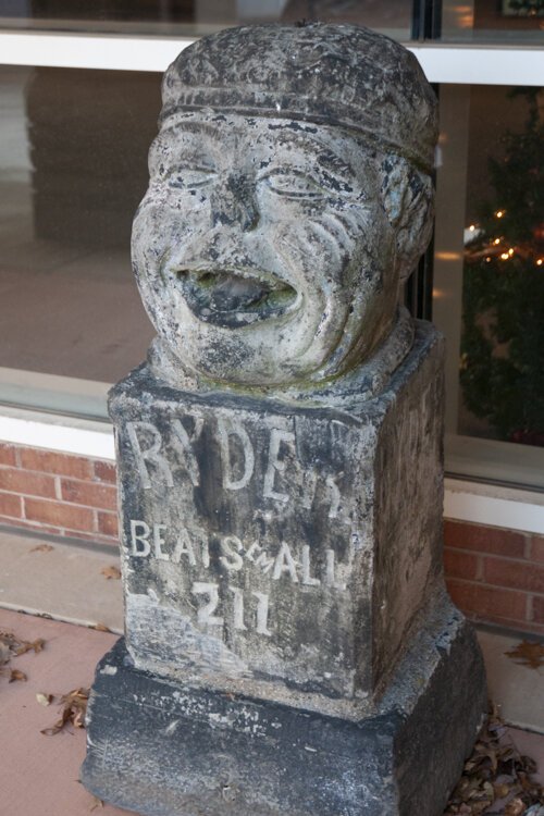 Smiling Solly, an 1885 sculpture, by an unknown hand, greets visitors to the Western Reserve Historical Society.