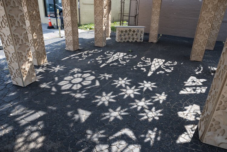 Ascent: One's journey to the heavens through ornate floral and geometric woodwork. Located at 43rd and Detroit by artist/designer/engineer/Builder Dave Biro.